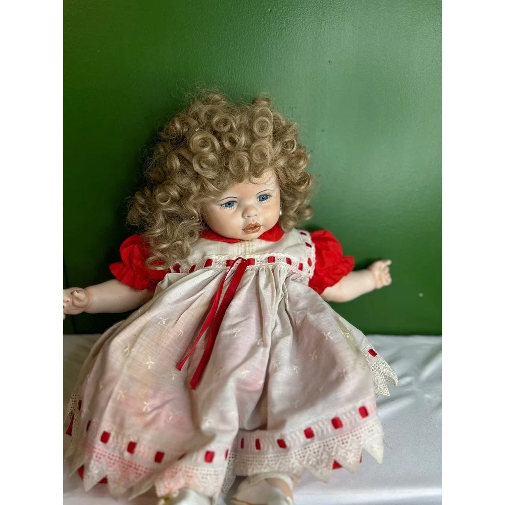 Vintage Porcelain Collector Doll Blonde Curly Hair Red White Lace Dress BlueEyes
